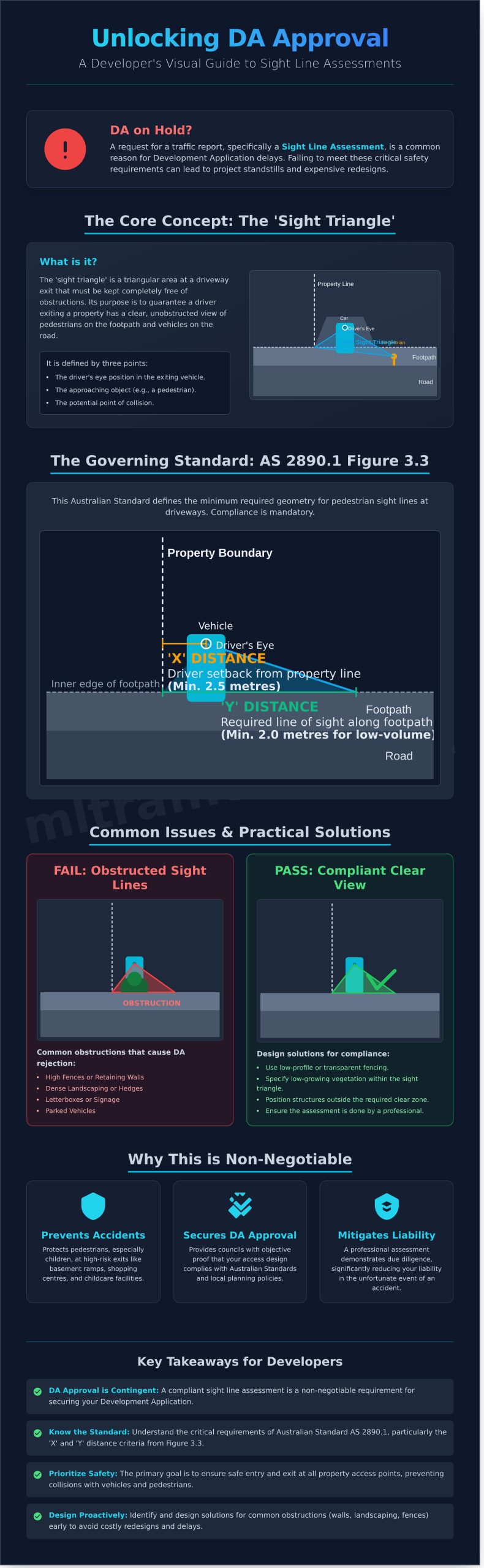 Sight Line Assessment A Developers Guide To Vehicle Pedestrian Safety Infographic | ML Traffic Engineers Sight Line Assessment A Developers Guide To Vehicle Pedestrian Safety Infographic