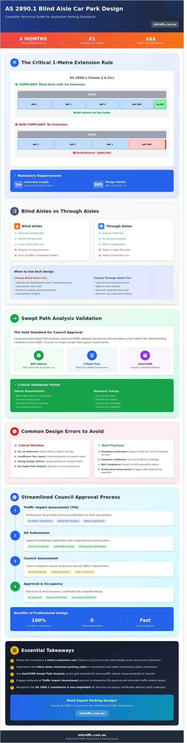 AS 28901 Blind Aisle Car Park Design A Comprehensive Compliance Guide For 2026 Infographic | ML Traffic Engineers AS 2890.1 Blind Aisle Car Park Design: A Comprehensive Compliance Guide for 2026
