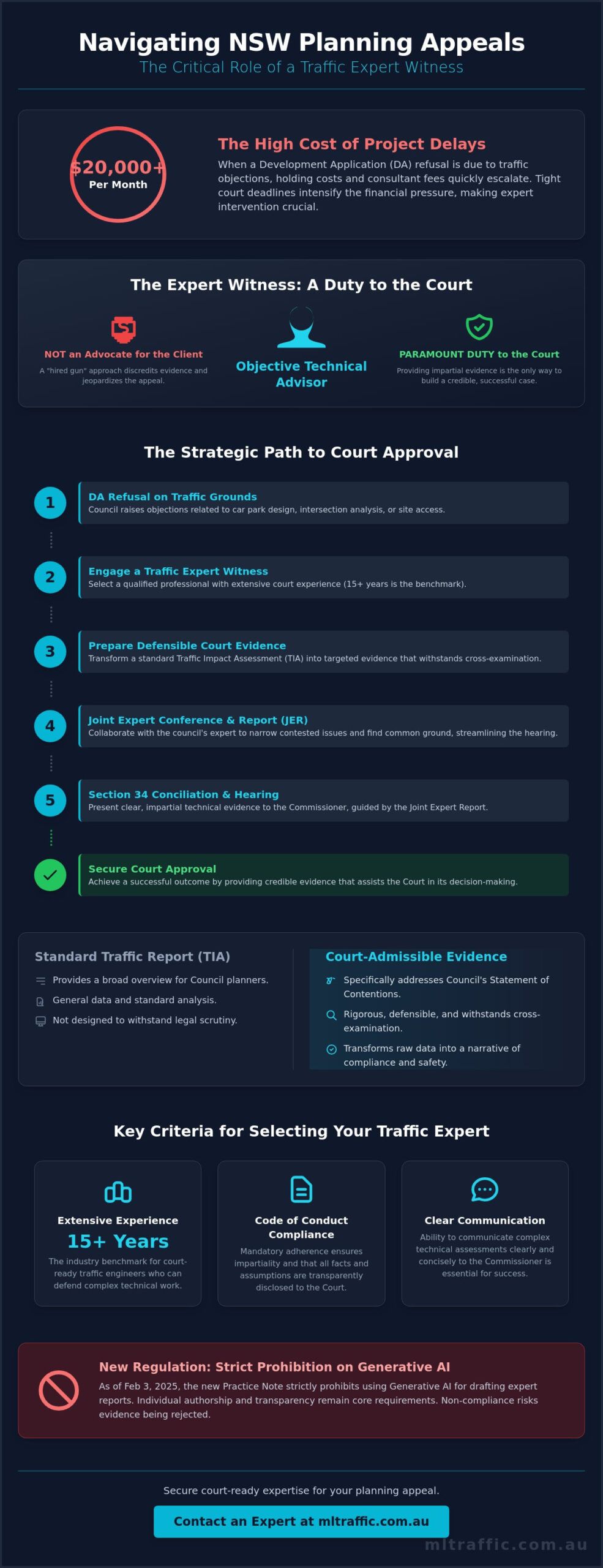 Land And Environment Court Traffic Expert Witness A Developers Guide Infographic | ML Traffic Engineers Land and Environment Court Traffic Expert Witness: A Developer’s Guide