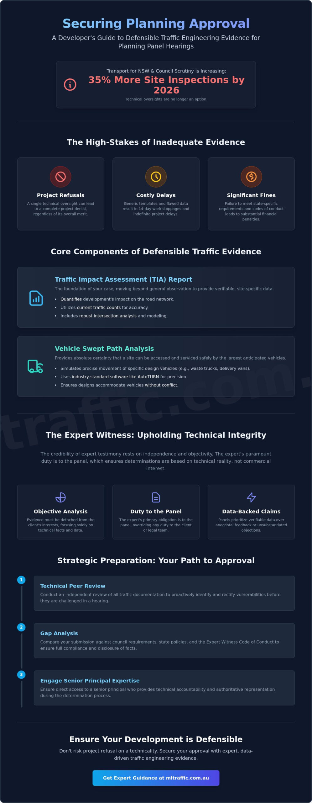 Traffic Engineering Evidence For Planning Panel Hearings The Expert Guide 2026 Infographic | ML Traffic Engineers Traffic Engineering Evidence for Planning Panel Hearings: The Expert Guide 2026