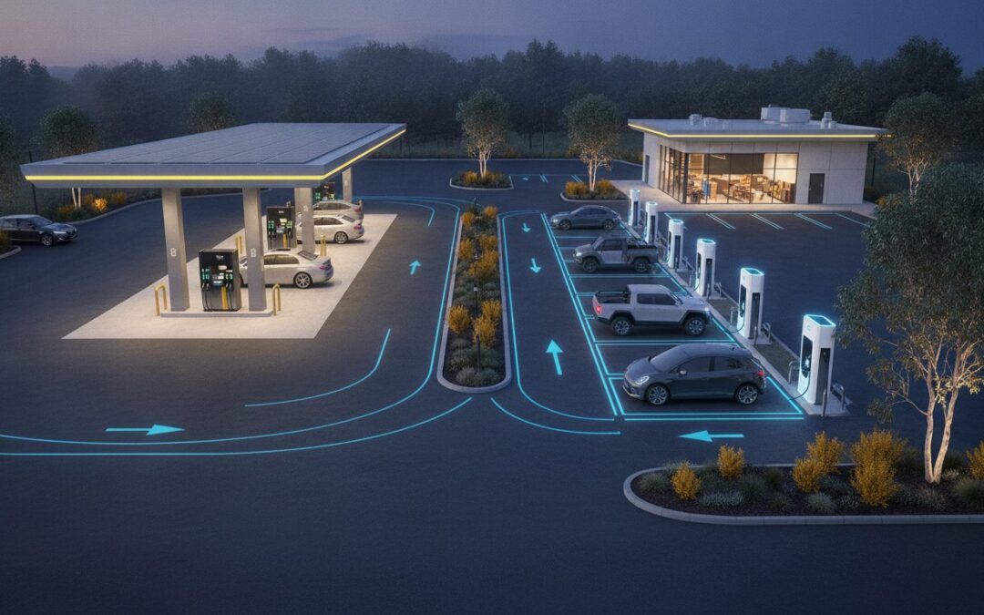 Access Arrangements for Service Stations with EV Charging: An Engineering Guide